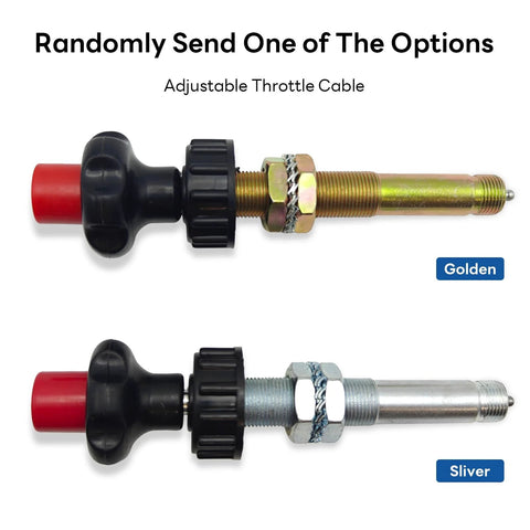 Two Precision 6 ft vernier adjustable throttle cables with red knobs, shown in gold and silver variants for small engines and go-karts.