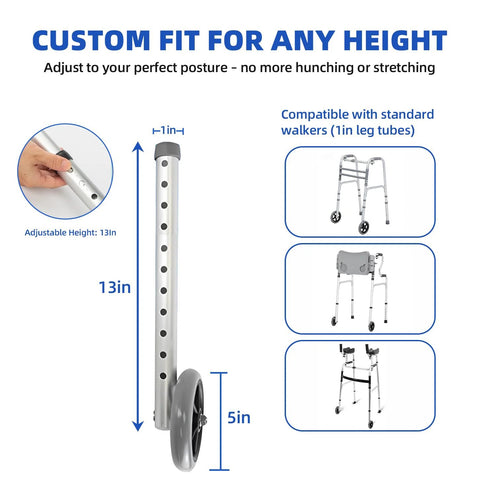 Replacement Heavy Duty Aluminum Caster Wheels For Standard Walker Aids with adjustable height, compatibility with 1in leg tubes