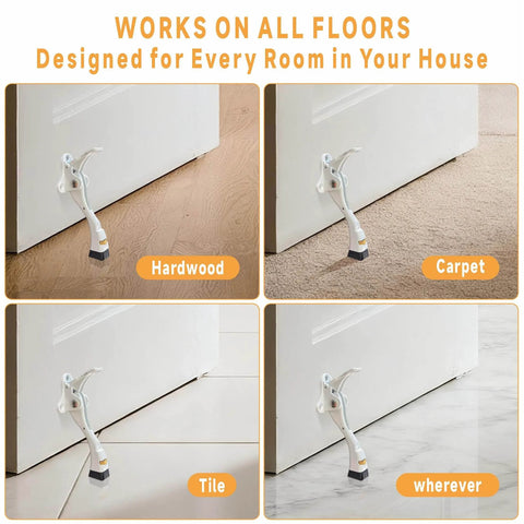 One Touch Semi Automatic Kickdown Door Stop White 4 Inch Adjustable Height Rubber Tip Heavy Duty Door Holder 1 Pack on various floors