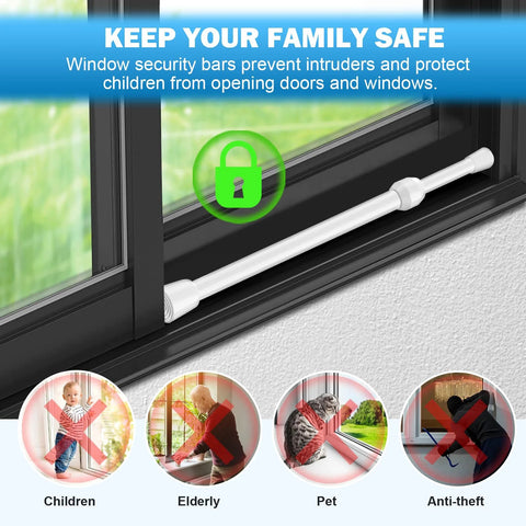 Adjustable Window Security Bar For Sliding Glass Doors With Rubber Tips installed in window showing safety prevention use