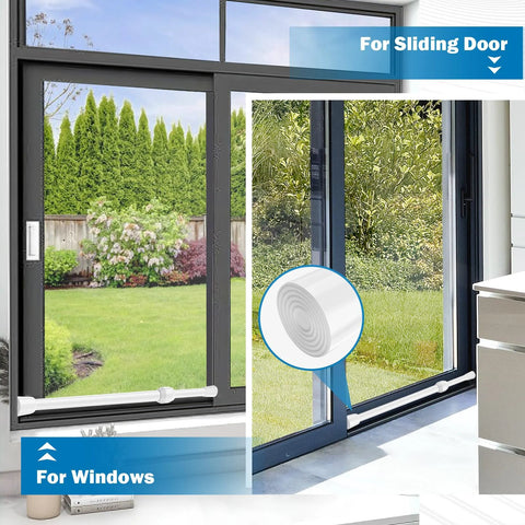 Adjustable Window Security Bar For Sliding Glass Doors With Rubber Tips installed on sliding door and window in home setting
