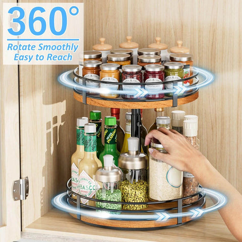 Adjustable 2 tier wooden lazy susan turntable organizer with 12 inch rotating design, spice rack filled with spices and sauces.