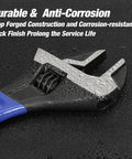 Close-up of a two piece adjustable wrench set with 6 inch and 10 inch wide jaw sizes, black oxide CrV steel, durable construction.