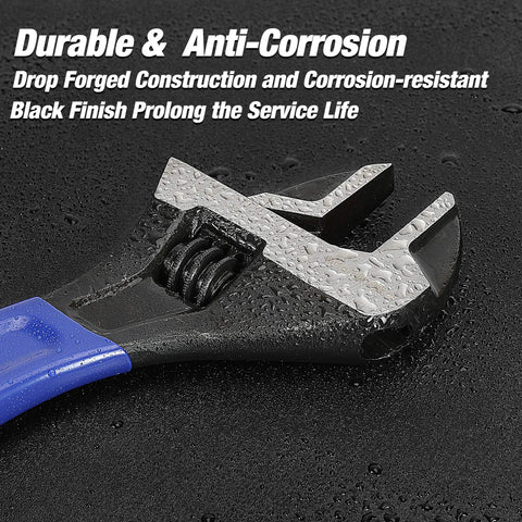 Close-up of a two piece adjustable wrench set with 6 inch and 10 inch wide jaw sizes, black oxide CrV steel, durable construction.