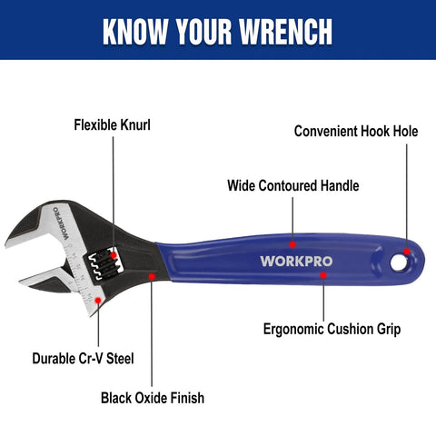 Image of a wrench from a Two Piece Adjustable Wrench Set With 6 Inch And 10 Inch Wide Jaw Sizes, Black Oxide CrV Steel, Metric And SAE Scales.