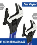 Two Piece Adjustable Wrench Set With 6 Inch And 10 Inch Wide Jaw Sizes, Black Oxide CrV Steel, Metric And SAE Scales, close-up view