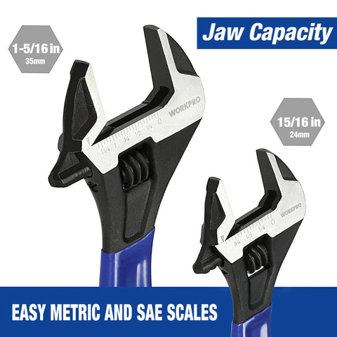 Two Piece Adjustable Wrench Set With 6 Inch And 10 Inch Wide Jaw Sizes, Black Oxide CrV Steel, Metric And SAE Scales, close-up view