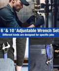 Person using Two Piece Adjustable Wrench Set With 6 Inch And 10 Inch Wide Jaw Sizes on plumbing pipes; wrenches in pocket close-up.