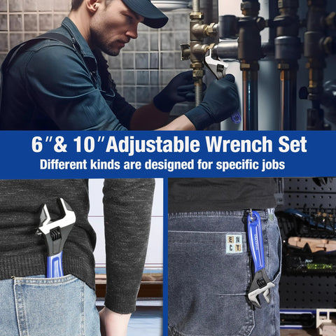 Person using Two Piece Adjustable Wrench Set With 6 Inch And 10 Inch Wide Jaw Sizes on plumbing pipes; wrenches in pocket close-up.