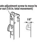 Diagram of adjustable mortise lock for sliding patio doors showing hook latch adjustment mechanism and measurements.