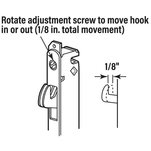 Diagram of adjustable mortise lock for sliding patio doors showing hook latch adjustment mechanism and measurements.