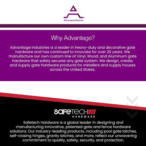 Infographic detailing Advantage Industries and Safetech Hardware as leaders in gate and hardware solutions.
