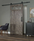 Weathered Grey PVC Barn Door With Window Transom, 42 Wide X 84 High, Ready To Assemble Kit With Black Track And Rolling Brackets
