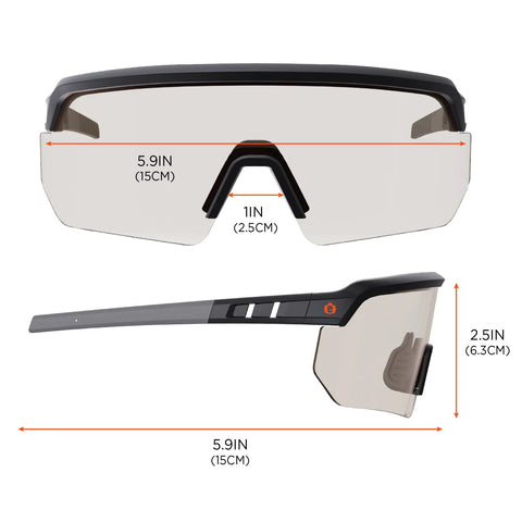 Front and side view of Skullerz Aegir Safety Glasses with Oversized Blade Style, UV protection, and ANSI Z87.1+ impact rating.