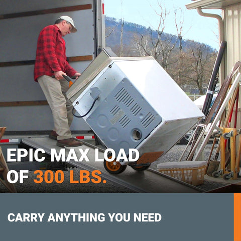 Man using 8 in 1 Heavy Duty Aerocart Garden Cart Wheelbarrow Dolly with Turbo Lift Design and Flat Free Tires to move heavy load