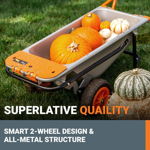 8 in 1 Heavy Duty Aerocart Garden Cart Wheelbarrow Dolly with Turbo Lift Design filled with pumpkins on grass