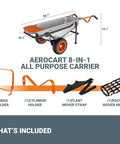 8 in 1 Heavy Duty Aerocart Garden Cart Wheelbarrow Dolly with Turbo Lift Design shown with attachments included