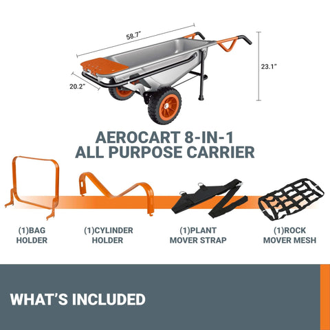 8 in 1 Heavy Duty Aerocart Garden Cart Wheelbarrow Dolly with Turbo Lift Design shown with attachments included