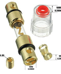 Inline 4-8 Gauge AWG Fuse Holder With 100 Amp AGU Fuses in gold plated metal and polycarbonate shell shown disassembled