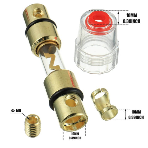 Inline 4-8 Gauge AWG Fuse Holder With 100 Amp AGU Fuses in gold plated metal and polycarbonate shell shown disassembled