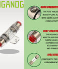Heavy Duty 100A AGU Fuse Holder With 8 Gauge Power Wire, clear plastic housing, zinc alloy ends, two included fuses.