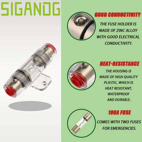 Heavy Duty 100A AGU Fuse Holder With 8 Gauge Power Wire, clear plastic housing, zinc alloy ends, two included fuses.