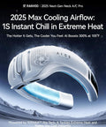 Aice Lite Plus 2025 Neck Cooling Fan With 6000mAh Battery, curved wearable design, in white, against a wintry backdrop.