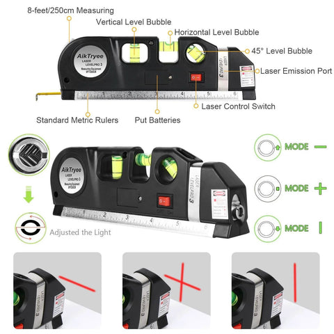 AikTryee Laser Level Line Tool with vertical and horizontal bubbles, metric rulers, and laser controls with 8ft/2.5M tape.
