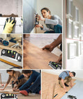 Collage of AikTryee Laser Level Line Tool in use for wall hanging, flooring, and tiling with metric rulers 8ft/2.5M.
