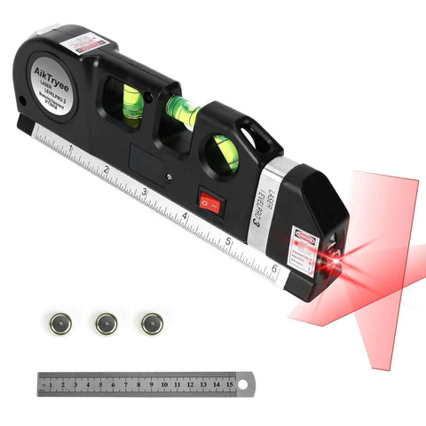 AikTryee Laser Level Line Tool with cross-line laser beam, integrated 8ft/2.5M metric ruler, and alignment bubbles for precise positioning.
