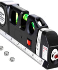 AikTryee Laser Level Line Tool with cross-line laser, 8ft metric ruler, and alignment guides for picture hanging and tiling walls.