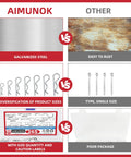 Comparison chart of AIMUNOK 265 Piece R Shaped Cotter Pins Fastener Set with galvanized steel and size labels.