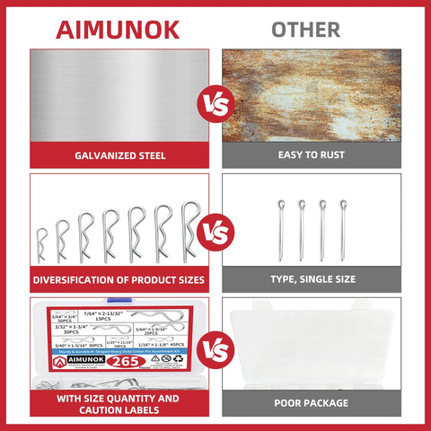 Comparison chart of AIMUNOK 265 Piece R Shaped Cotter Pins Fastener Set with galvanized steel and size labels.