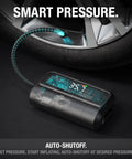 Air AL5 Cordless Tire Inflator with 5A Battery, showing digital gauge and auto shutoff feature inflating car tire.