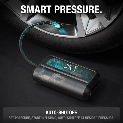 Air AL5 Cordless Tire Inflator with 5A Battery, showing digital gauge and auto shutoff feature inflating car tire.