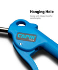 Close-up of blue air blow gun kit with ergonomic grip, featuring integral hanging hole for easy storage.