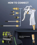 Industrial Air Blow Gun with Brass Adjustable Air Flow Nozzle and 2 Steel Extension, Pneumatic Air Compressor Accessory Tool Dust Cleaning.