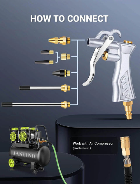 Industrial Air Blow Gun with Brass Adjustable Air Flow Nozzle and 2 Steel Extension, Pneumatic Air Compressor Accessory Tool Dust Cleaning.