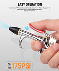Close-up of hand holding four piece all metal air blow gun kit with rubber tip for powerful dust clearing; max 175 PSI pressure.
