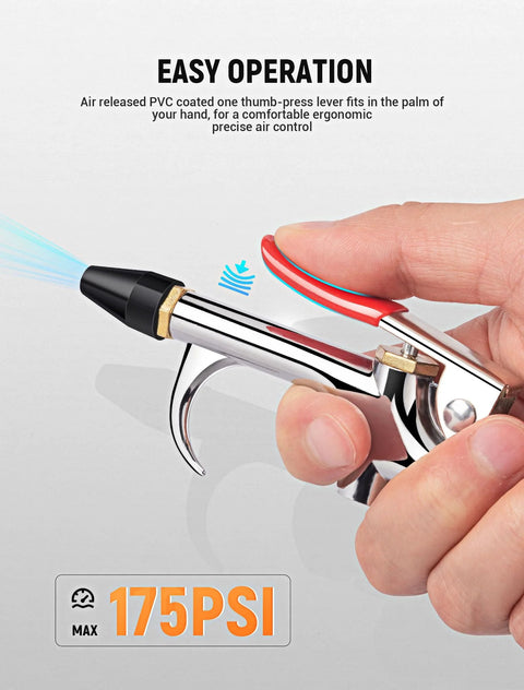Close-up of hand holding four piece all metal air blow gun kit with rubber tip for powerful dust clearing; max 175 PSI pressure.