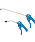 Dual blue air blow gun kit with 5-inch and 12-inch guns, rubber tips, ergonomic grip, and easy use lever.