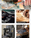 Four piece all metal air blow gun kit in use for car repair, woodworking, household equipment, and factory floor cleaning.