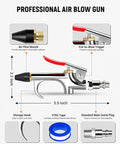Diagram of four piece all metal air blow gun kit with dimensions, rubber tip, 2-way connection, and 1/4 inch quick plug.