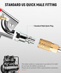 Close-up of standard male quick plug connection in four piece all metal air blow gun kit.