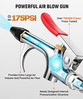 Four piece all metal air blow gun kit delivers powerful dust clearing for workshops, garages, and home shops; rubber tip protects surfaces, 2-way connection, and 1/4 inch quick plug enable fast, versatile nozzle setup for clean, efficient work. Air blow gun with labeled features and 175 PSI max pressure.