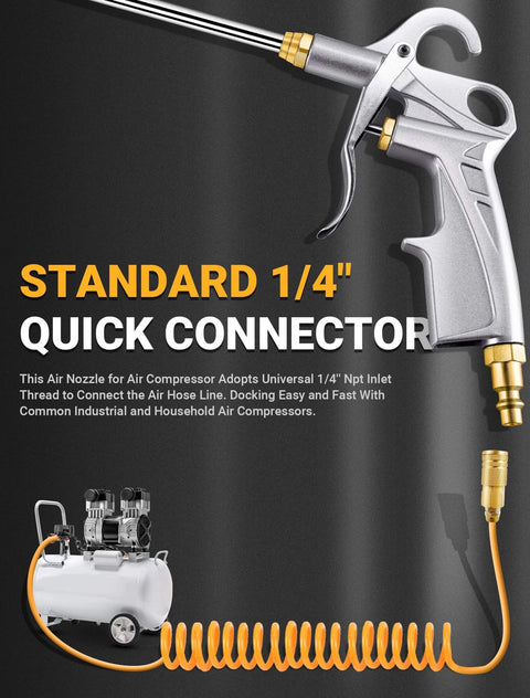 Heavy Duty Air Blow Gun Air Nozzle Blow Gun with extended nozzle, metal body, connected to a compressor with quick connect fitting.