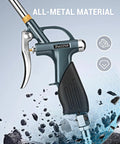 Extendable air blow gun with a 19 to 28 inch nozzle, all metal body and rubber grip, ideal for dust removal in tight spaces.