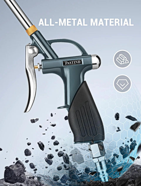 Extendable air blow gun with a 19 to 28 inch nozzle, all metal body and rubber grip, ideal for dust removal in tight spaces.