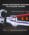 Close-up of High Volume Air Blow Gun Aluminum Rubber Guard Air Flow Nozzle with ergonomic trigger and PPS valve, testing details visible.