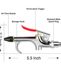 Side view of air blow gun from 13-Piece 2-Way Air Nozzle Kit with Quick Connects showing measurements and features.